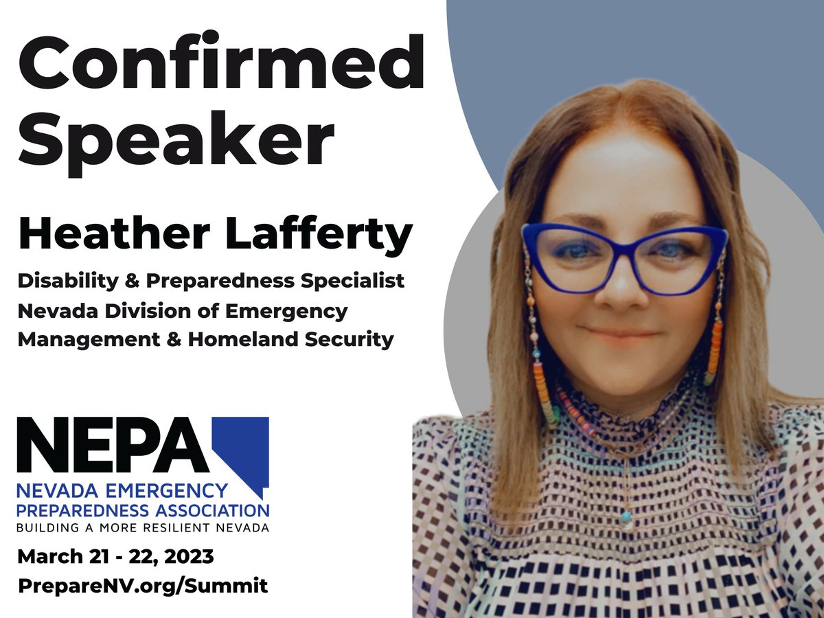 EmergencyPrepNV's tweet photo. Nevada Preparedness Summit 2023 Confirmed Speaker - Heather Lafferty, Disability &amp; Preparedness Specialist, Nevada Division of Emergency Management &amp; Homeland Security https://t.co/JNMYPk03HV