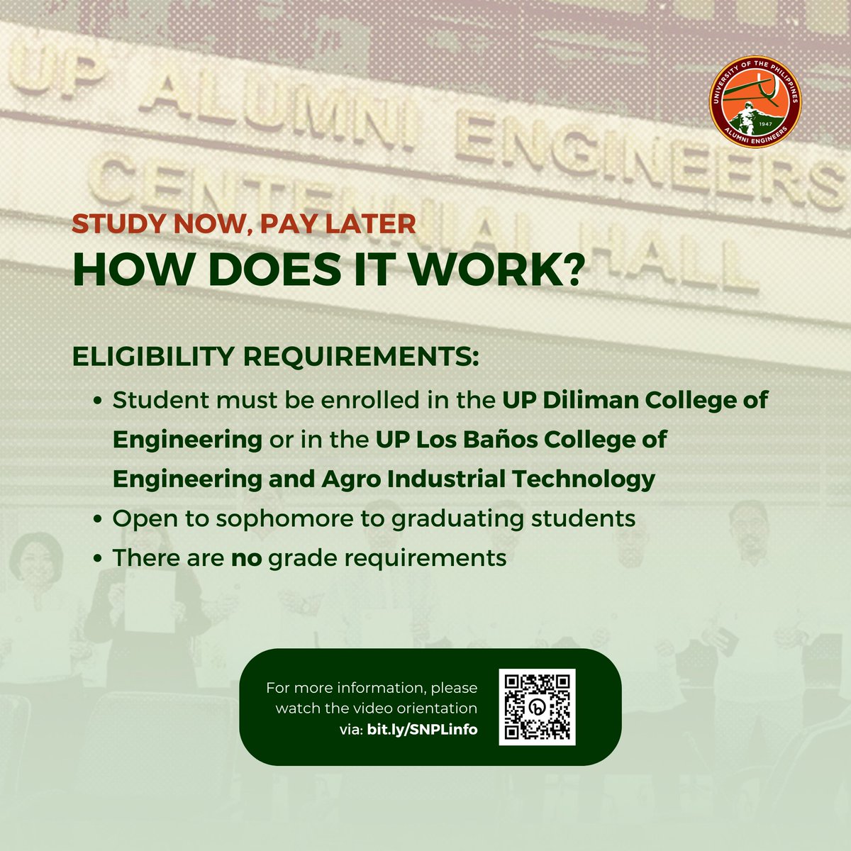UPAlumniEngrs's tweet photo. UPAE's Study Now Pay Later program allows students to receive funding, with repayments based solely on their income post-graduation.

For more information and inquiries, please contact UPAE: secretariat@upae.org
#StudyNowPayLater #UPAE

[2/2] https://t.co/CRHRn5JLEZ