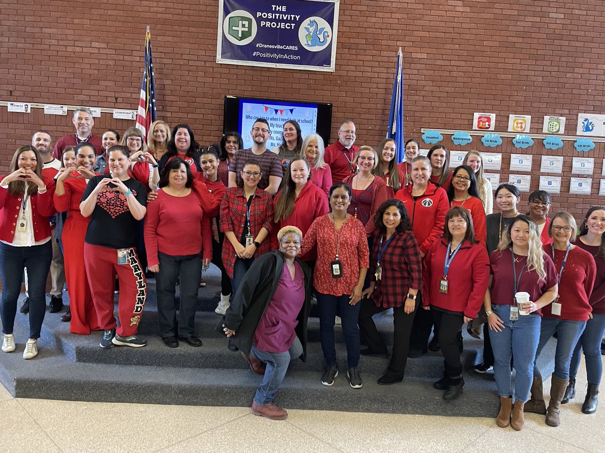 DranesvilleD's tweet photo. #DranesvilleCARES about hearts and minds. Today our staff promoted our care for heart health awareness by wearing red! Such a wonderful reason for a #FridayHuddle @FCPSWellness https://t.co/tHqvwzeIlQ