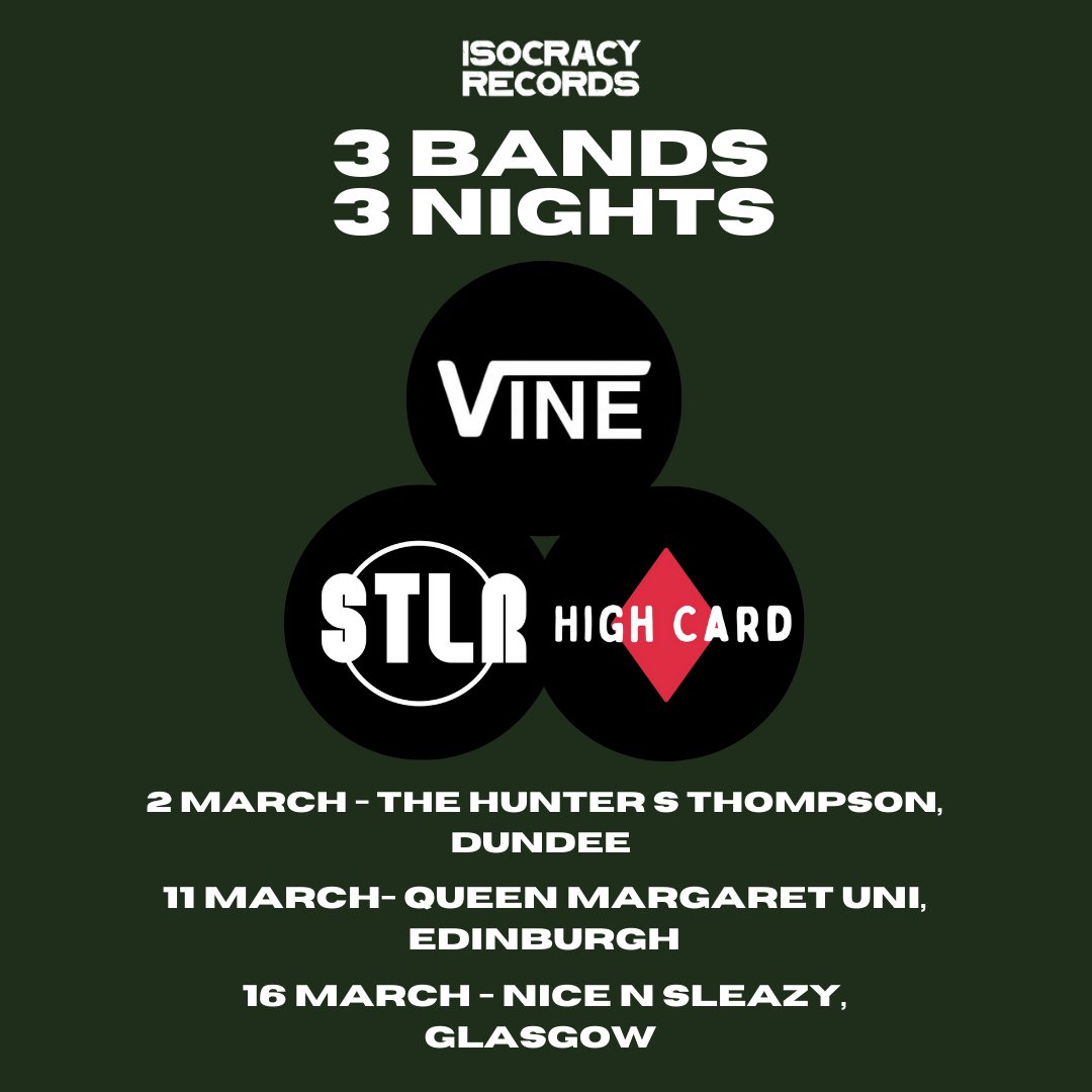 ANNOUNCING... ISOCRACY'S NEXT PROJECT. EMBARKING ON A 3-NIGHT TOUR, LOCAL TALENTS VINE, STLR AND HIGH CARD ARE LOOKING TO PUT ON A SET OF GREAT SHOWS. TICKETS FOR EACH NIGHT ARE AVAILABLE NOW AT THE LINK IN OUR BIO. TICKETS WILL ALSO BE AVAILABLE AT THE DOOR. SEE YOU THERE.
