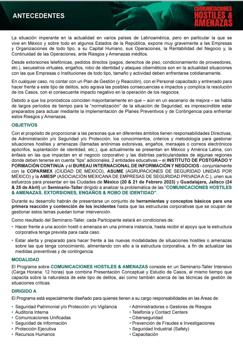 ASUME_SegPriv's tweet photo. ⚠️#Atención⚠️ Directivos de Administración y/o Seguridad, #ASUME y #BIIN te invitamos al Seminario-Taller "Comunicaciones hostiles y amenaza", mismo que te brinda los conocimientos, criterios y metodología para gestionar situaciones hostiles y amenazas en tu empresa. https://t.co/qpk1XcS8qw
