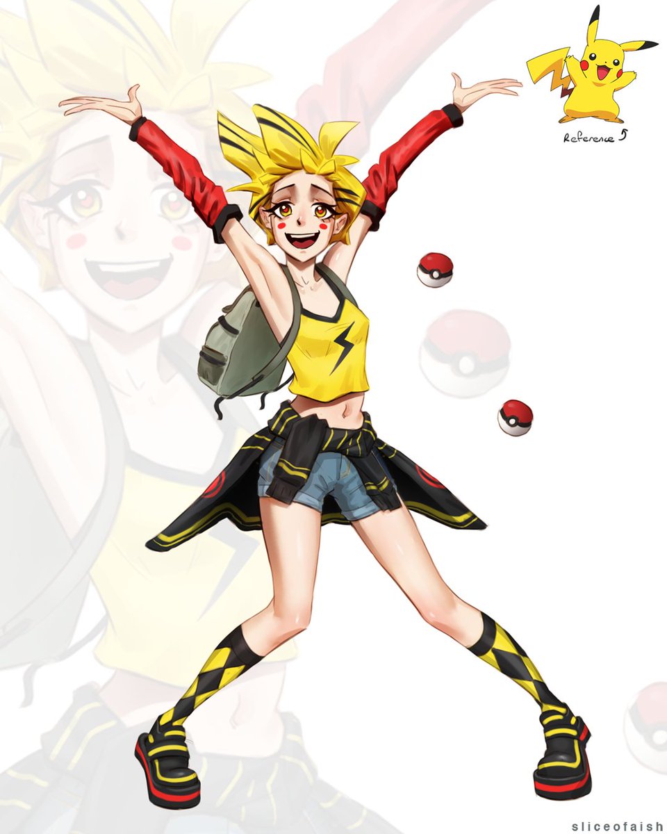 sliceofaish's tweet photo. Pikachu as a human Pokémon trainer XD just thought it was a cool character design challenge. Might do more 😃 https://t.co/BEk8quMRu4