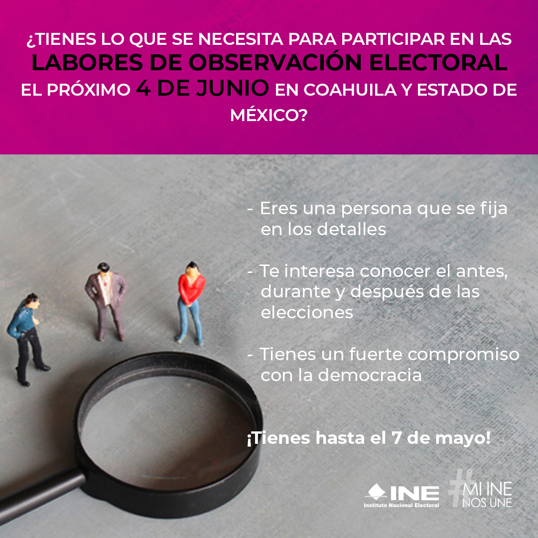 IEC_Coahuila's tweet photo. #IECInforma |
🙋🏻‍♀️🧐🙋🏻‍♂️Se buscan ciudadanas y ciudadanos interesados en ser parte del ejercicio de participación de la Observación Electoral del #PEL2023 en #Coahuila. 
Consulta la convocatoria en:
🔗https://t.co/m4yVhlznTs
El plazo vence el 🗓️ 7/Mayo de 2023 https://t.co/iWpU1a3PQC