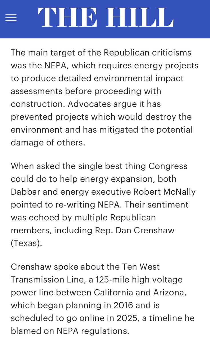 AlecStapp's tweet photo. Love to see it:

Republicans and Democrats agreeing that we need to reform environmental procedure laws (NEPA) to build transmission lines faster and mine more critical minerals like lithium. https://t.co/ZlFaX4lgB4