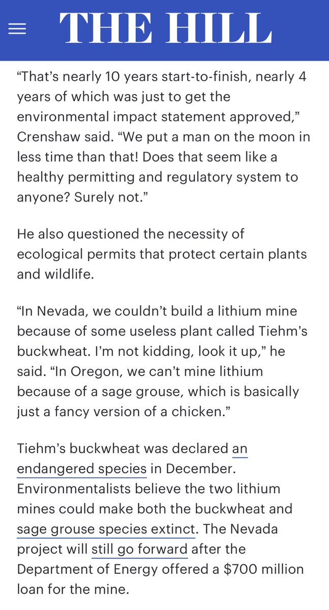 AlecStapp's tweet photo. Love to see it:

Republicans and Democrats agreeing that we need to reform environmental procedure laws (NEPA) to build transmission lines faster and mine more critical minerals like lithium. https://t.co/ZlFaX4lgB4