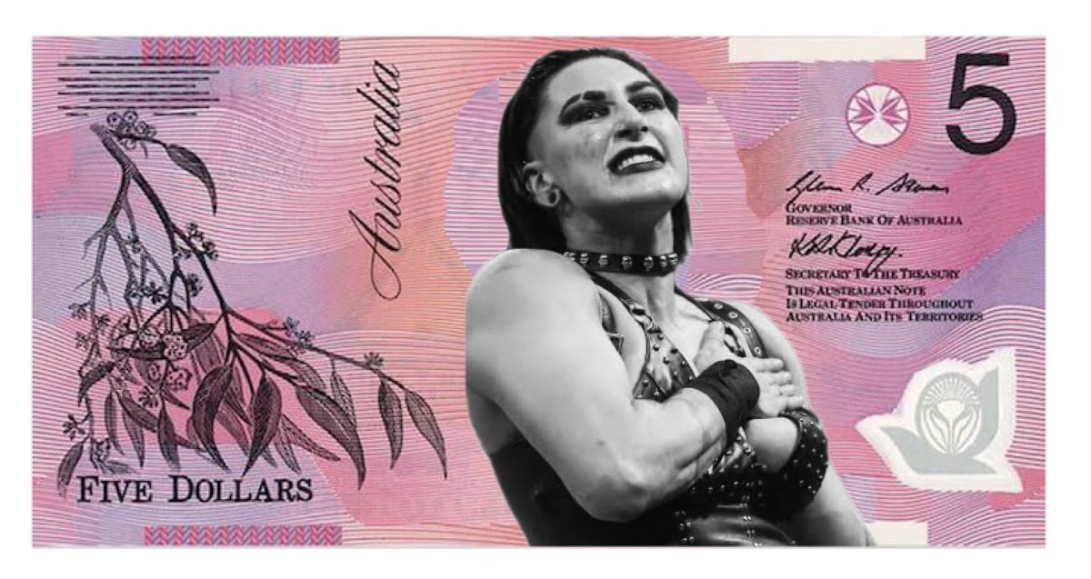 andrewhastings's tweet photo. Have we considered @RheaRipley_WWE for the $5 note? Let’s get a real queen on there https://t.co/kHO4fKQiI0
