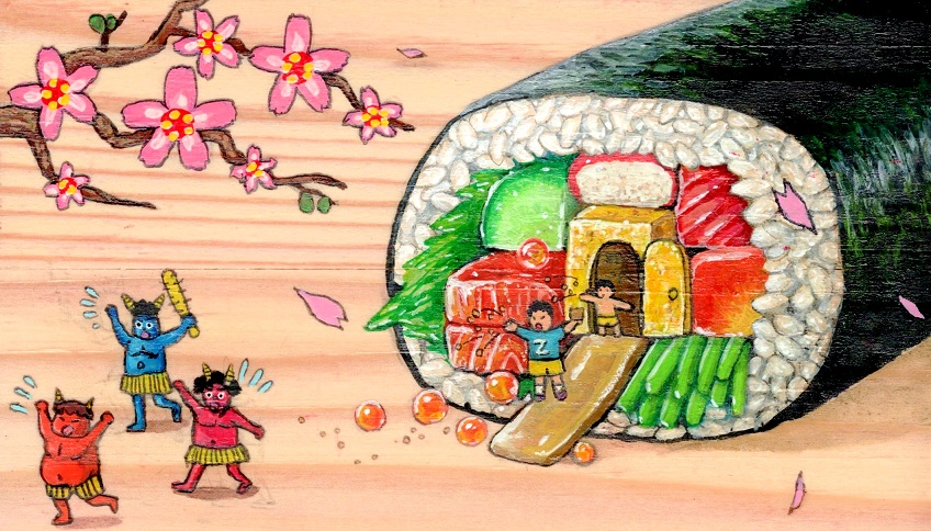 「2年連続で恵方巻食べれませんでした(;ω;`)この絵は何年か前にかまぼこ板に描い」|☆ちちるちる☆のイラスト