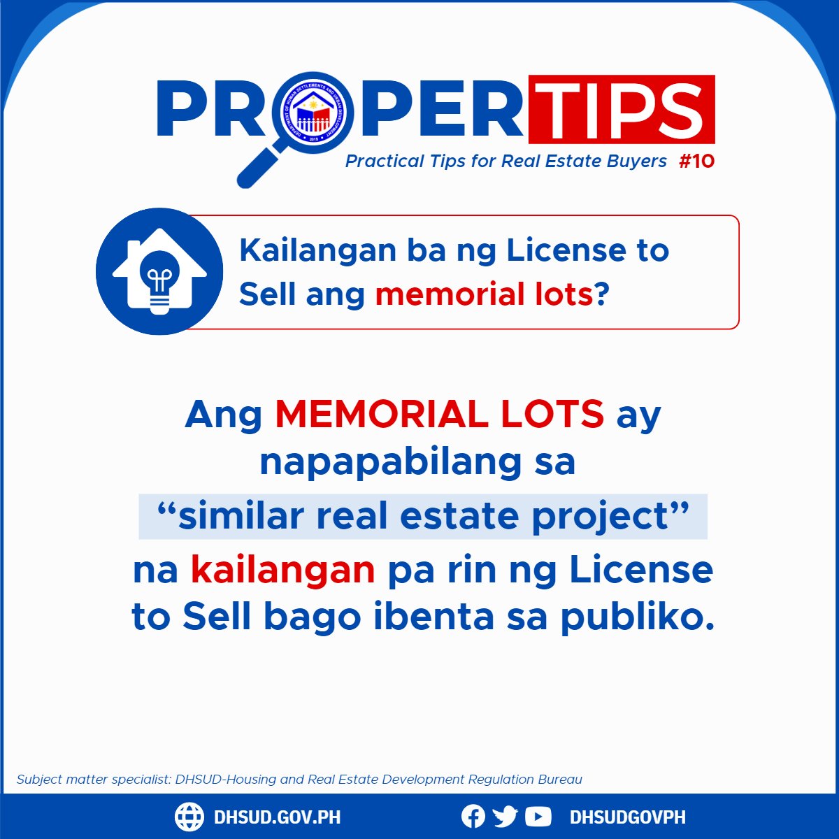 DHSUDgovph's tweet photo. #ProperTips. Ang memorial lots ay napapabilang sa “similar real estate project” na kailangan pa rin ng License to Sell bago ibenta sa publiko.
#DHSUD
#LSseries https://t.co/QVxwaGtAfE