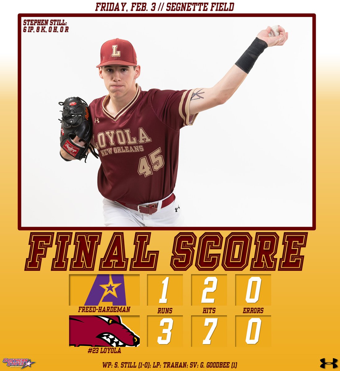 LoyolaWolfPack's tweet photo. Stephen Still strikes out eight and gives up no hits in his six innings of work, as the No. 23 Wolf Pack takes Game 1 of this weekend's series. 

#GeauxPack https://t.co/0HSJUNw2LU