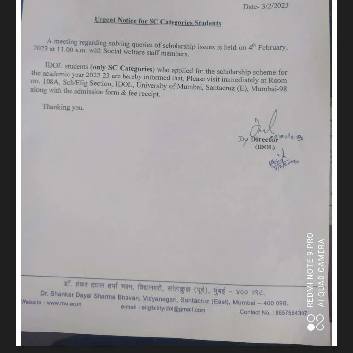 educlashco's tweet image. A meeting regarding solving queries related to scholarship issue is held on 4th February 2023 at 11:00am with social warefare staff members!
.
#educlash #MumbaiUniversity #UniversityOfMumbai