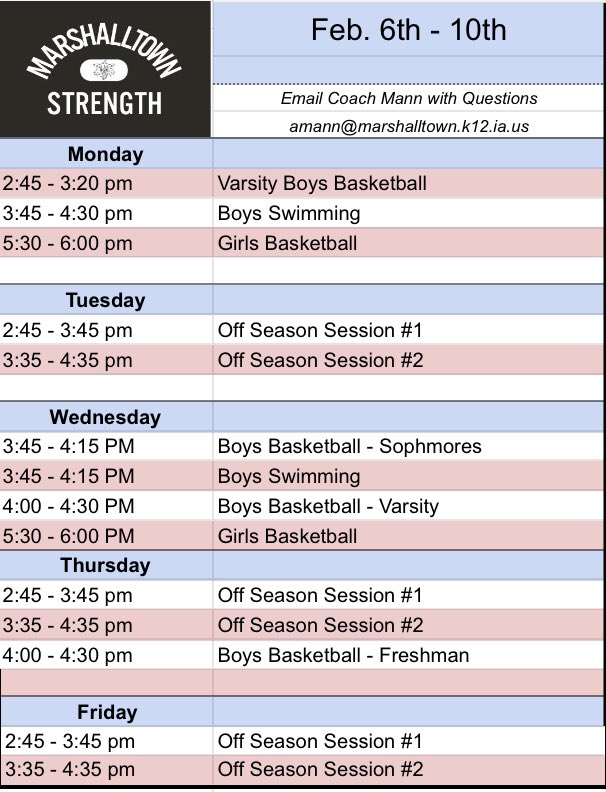 Weight room schedule for next week.