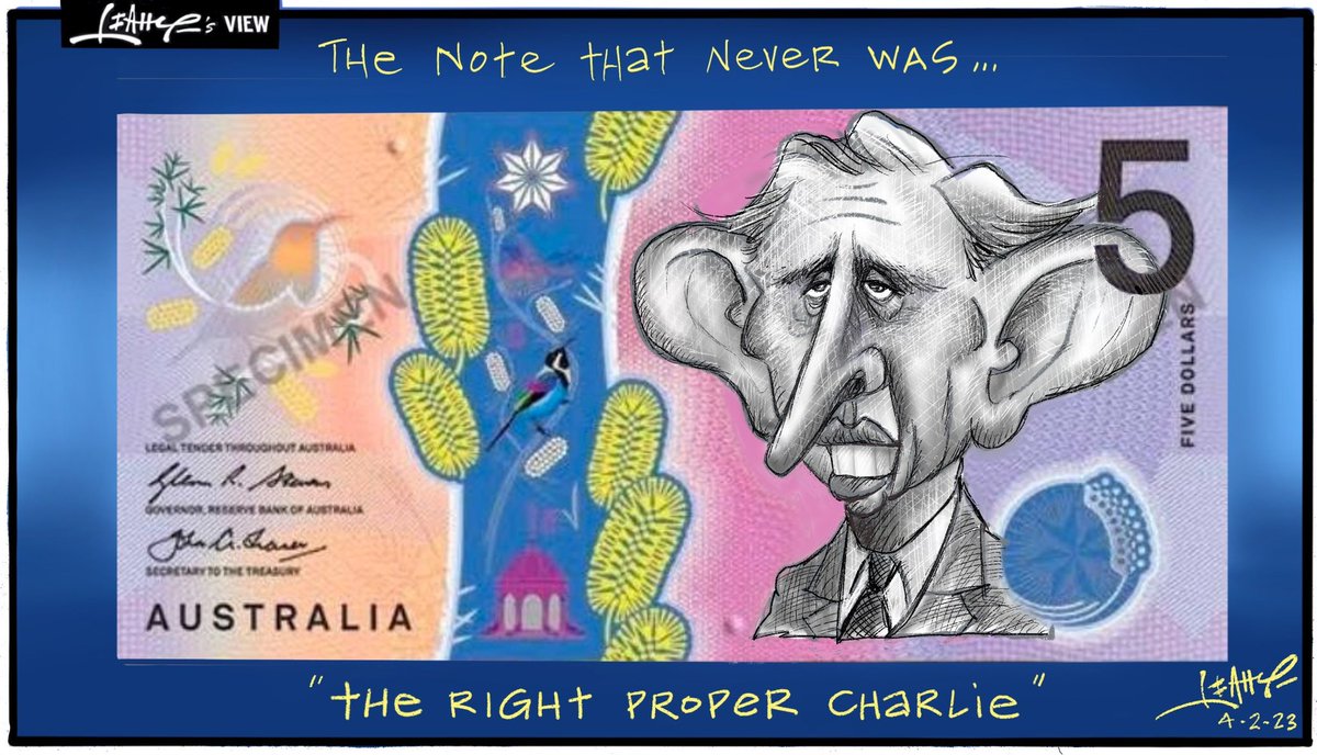 leahycartoons's tweet photo. AUSSIE NOTE TO MONARCHY: TIME’S UP #TheVoice #KingCharlesIII #VoteYes #RoyalFamily #NotMyKing #fivedollarnote #auspol @qldpol_updates @AUcartoonists @couriermail @InsidersABC @ABCthedrum @GuardianAus @crikey @brisbanetimes @TheNewDailyAu https://t.co/kNnWzYt4mD