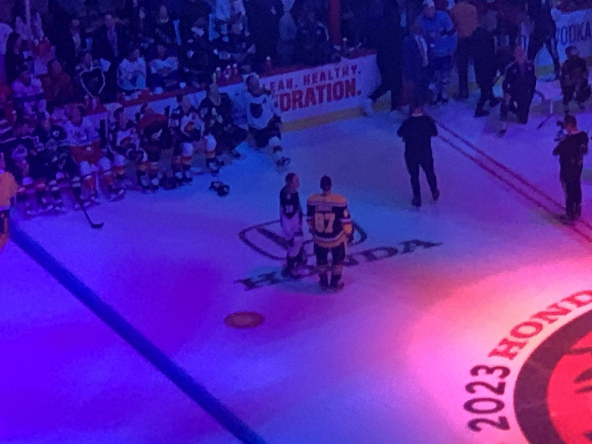 TaylorHaasePGH's tweet photo. My guess is Crosby is making a pitch for Sarah Nurse to sign in Pittsburgh after her goal on Shesterkin. https://t.co/ULwA8WDTuR