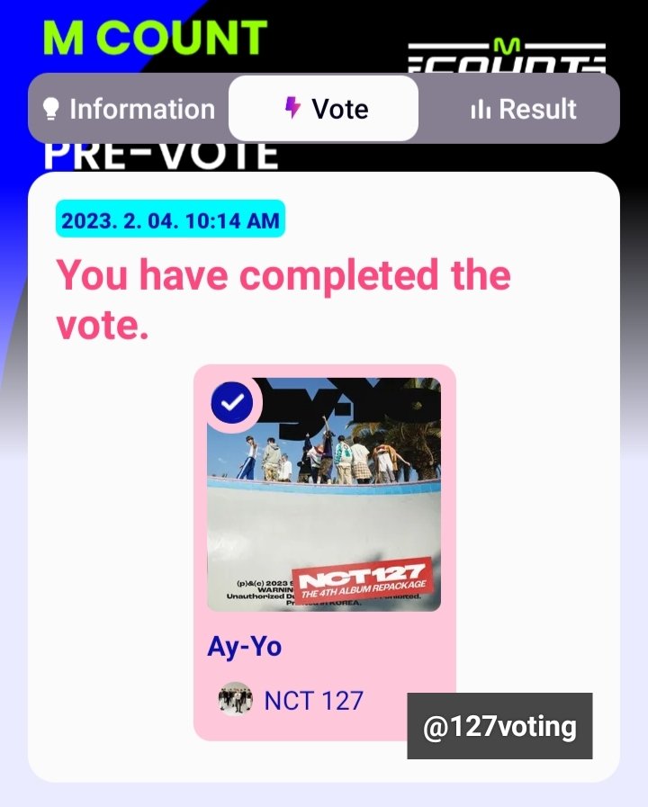 127voting's tweet photo. π³οΈ NCTzens, VOTING CHECK π³οΈ
Comment down your voting proof/s for #NCT127 on Idol Champ & Mnet Plus using the hashtags #AyYoNctzensVote & #OnlyFor127 to encourage other fans to participate!! ππ»
Let's take the lead from now on by power voting πͺπ»πͺπ»
#NCT127_Ay_Yo
@NCTsmtown_127 https://t.co/IFiGVdI3Ge