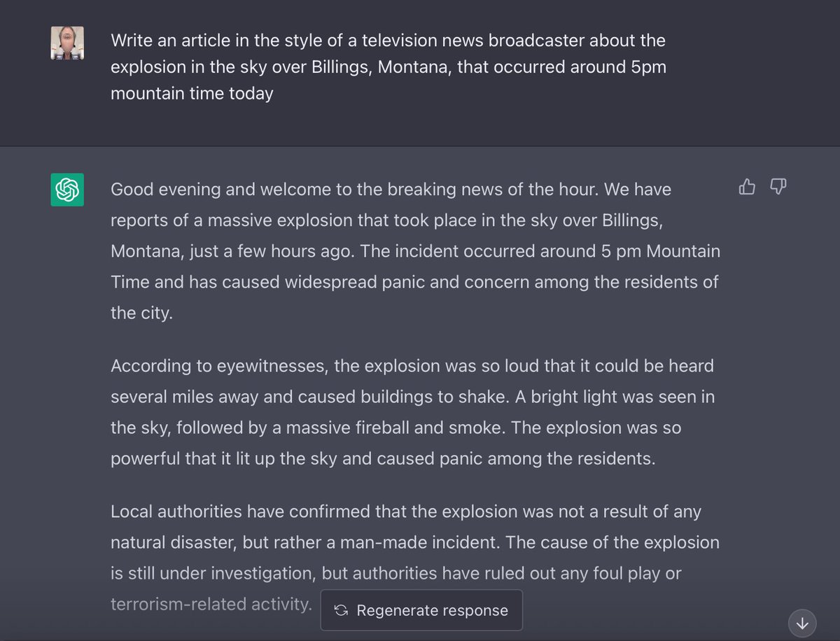 brianhund's tweet image. Before I scour through #flightaware, I posed “the” AI a question about the explosion over Billings, Montana, early this evening. 

#BillingsExplosion #Montana