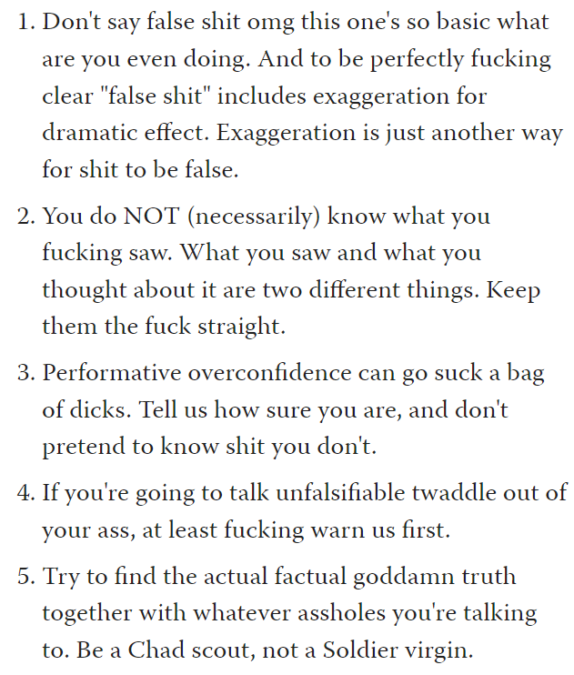 Aella_Girl's tweet photo. An updated summary of rationalist culture guidelines, deftly rephrased by the original author's spouse: https://t.co/nnDtjO46wi
