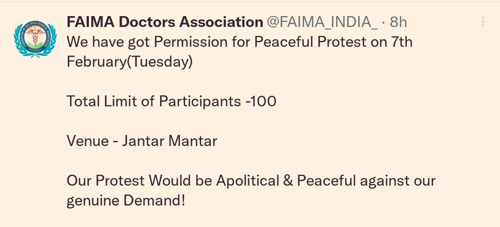 <a href="/FAIMA_INDIA_/">FAIMA Doctors Association</a>
  is going for peaceful Protest on 7th FEB  in the support of ;   
 👉🏻Lakh of #NEETPG23postponement ! 

👉🏻10000+ ineligible interns 

 👉🏻Thousands of dental interns #neetmds2023
#postponeneetpg23 
#NEETPG2023   #delayneetpgby2months
#ResignMansukhMandaviya