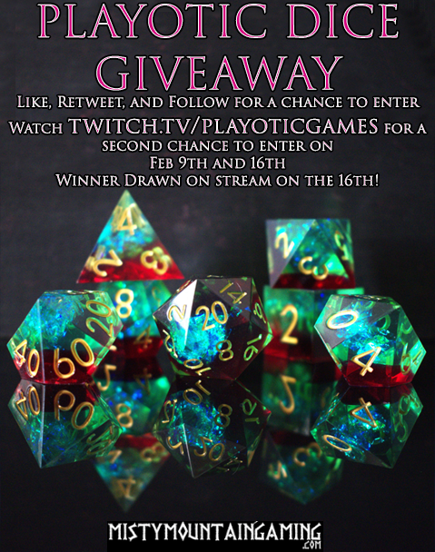 playoticgames's tweet photo. #Dice #Giveaway!! We're giving away an awesome set of dice from @MistyMtnGaming. To win these beautiful dice, Like, RT, and Follow and you will be entered. You can enter a second time during our next 2 streams: 2/9 &amp; 2/16 @ 6:30 pm CST! We will draw the winner on the 16th https://t.co/zwOdUQjmb7