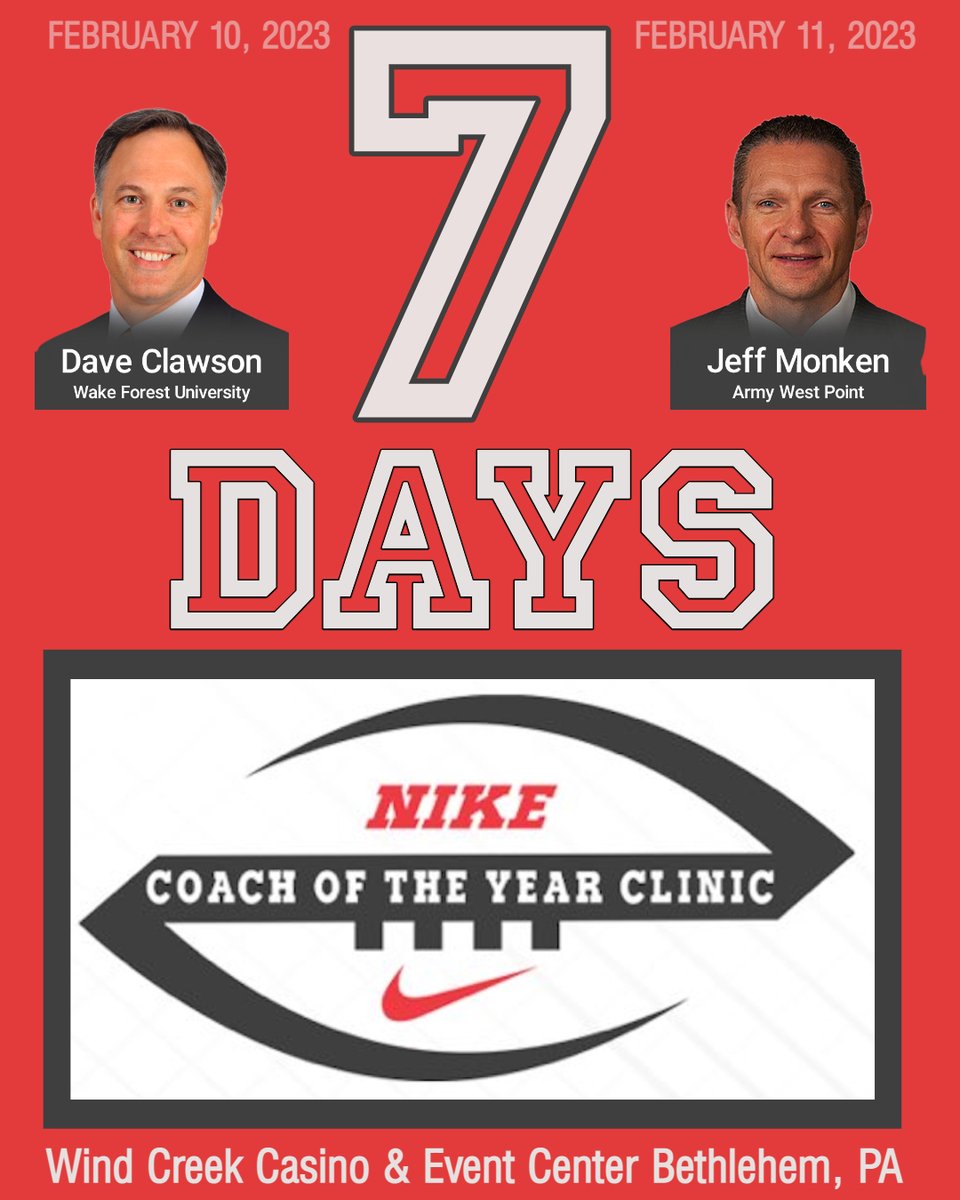 coy_nike's tweet photo. S E V E N more days until we welcome some of the best coaches in the field! @CoachClawson and @CoachJeffMonken are among the list of speakers at the Nike Coach of the Year Clinic! Looking forward to an epic event in the Lehigh Valley! @LVHSSports @ArmyFootballPR @WakeForest https://t.co/Jma7LgKBbC