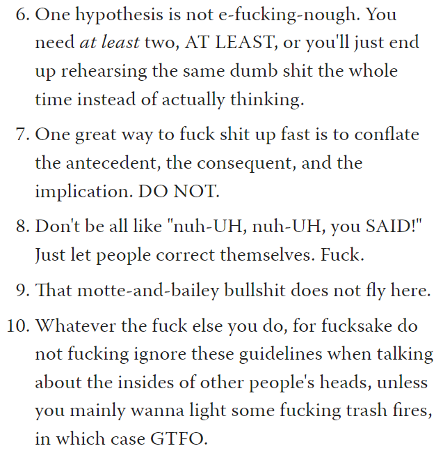 Aella_Girl's tweet photo. An updated summary of rationalist culture guidelines, deftly rephrased by the original author's spouse: https://t.co/nnDtjO46wi