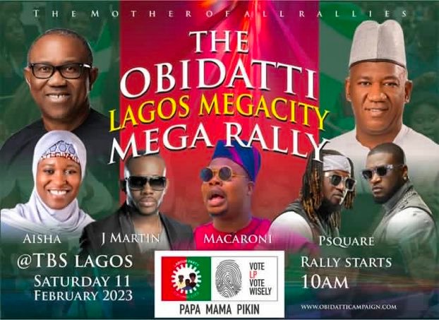 BREAKING!
Mother of all rallies is about to go down.
ObiDatti mega rally will be happening in Lagos on Saturday 11 February 2023.

If you get agbado for pocket no put body oh.
~
Fear Buhari . Mc Oluomo . Opay . Nigerian Army . Olusegun Onigbinde . Starlink . Iwo Road . It is Done