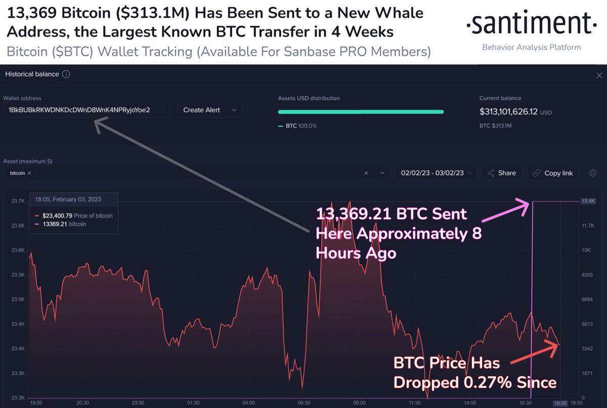 🐳 8 hours ago, the largest #Bitcoin transaction in 4 weeks took place.  This brand new whale address went from nothing to suddenly holding ~13,369  $BTC (worth ~$313.1M) after a single transfer.