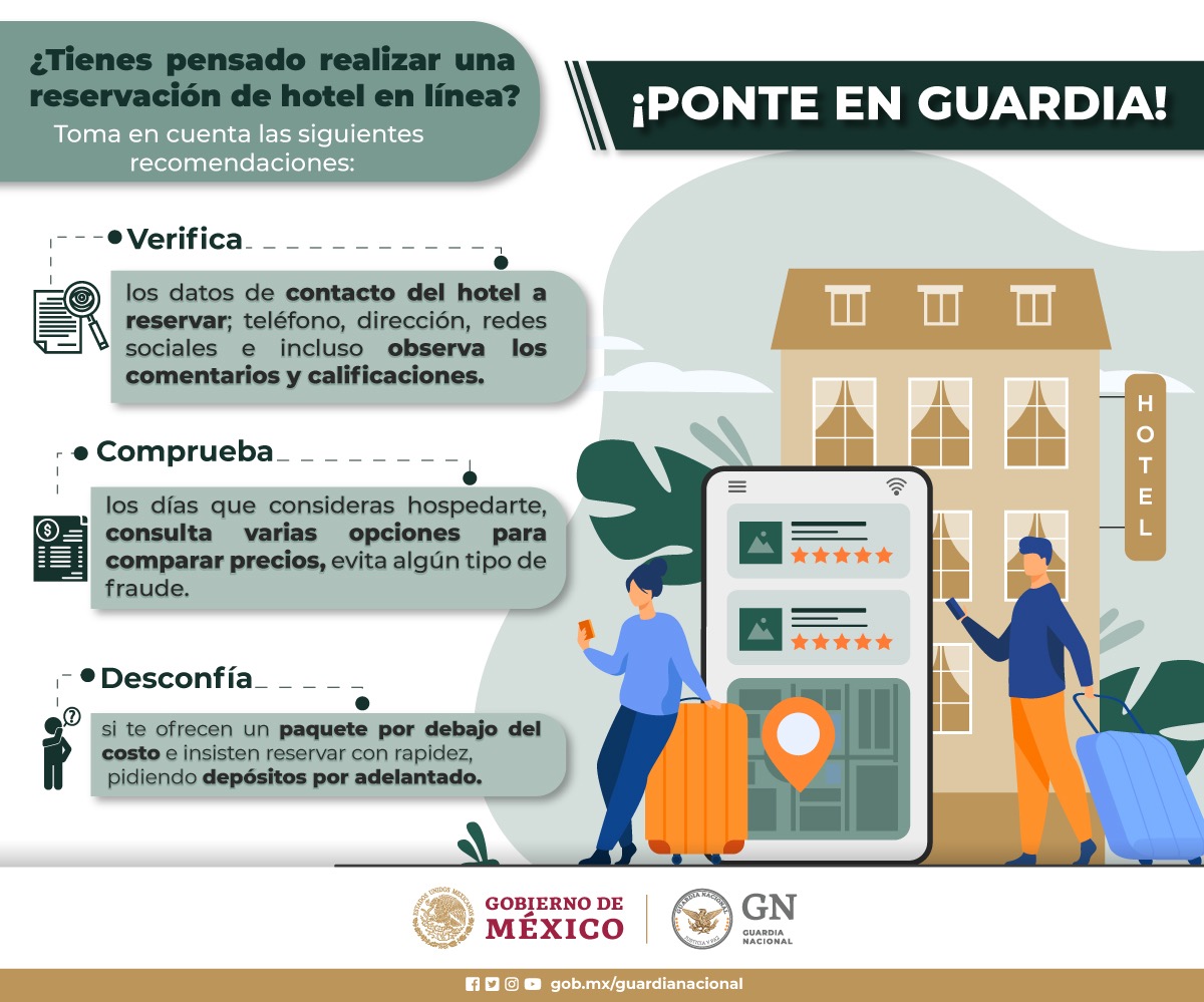 GN_MEXICO_'s tweet photo. Si vas a realizar reservaciones de hospedaje en línea, la #GuardiaNacional te proporciona las siguientes recomendaciones con la finalidad de prevenir fraudes cibernéticos. #JusticiaYPaz. https://t.co/7KMDM92raO
