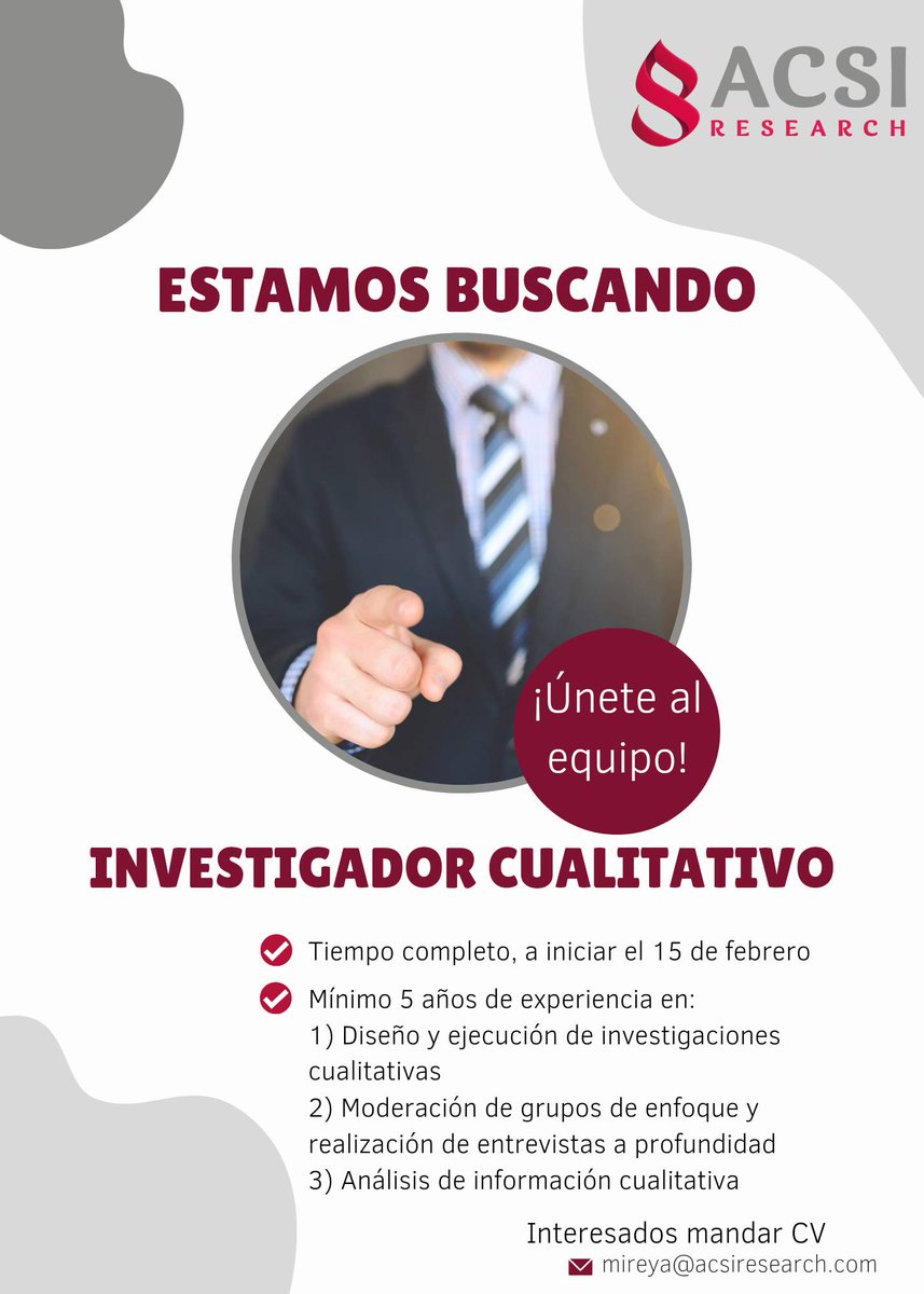 ¡Únete al equipo!
Si es de tu interés, envía tu curriculum a la Mtra. Mireya en mireya@acsiresearch.com
.
.
.
#OfertaLaboral #Empleo #ACSIResearch #InvestigaciónCualitativa