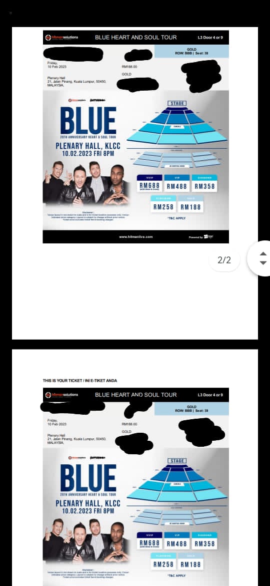 escapismian's tweet photo. WTS Blue Heart And Soul Tour Malaysia Concert Plenary Hall KLCC

10 February 2023
Two tickets to let go
Gold - row BBB seat 38 and 39 (middle)
Reason to sell: Upgrade seat
Buy both tix discount RM10
Whatsap https://t.co/1VzgPG6FUS

#blueheartandsoultour
#blueliveinkl
#blueconcert https://t.co/JGTZuNCZHf