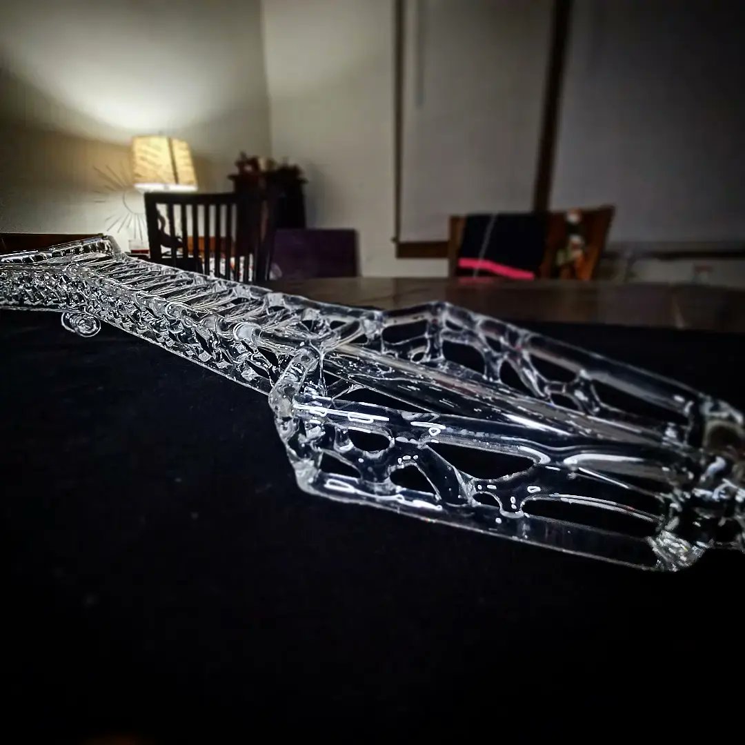 I give you number 2 in my instrumental series. I call it, Thunder Horse! (For obvious reasons). It's a flying V with a "crackle" finish on the sides. It is a 10mm Gill perc with a ghost pentagram on the face of the disc.