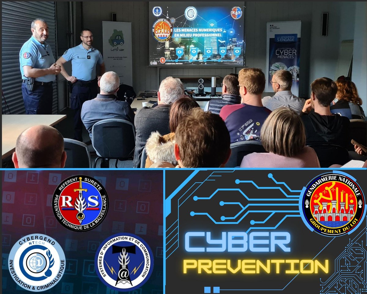📢Le 2 février, la cellule de prévention des risques cyber du GGD46👮‍♂️ est intervenue au profit des agents de la Direction Départementale des Territoires du LOT.   
Au programme, sensibilisation aux cybermenaces et conseils d'hygiène numérique.💻📱🛡
#cybergend #cybermenaces