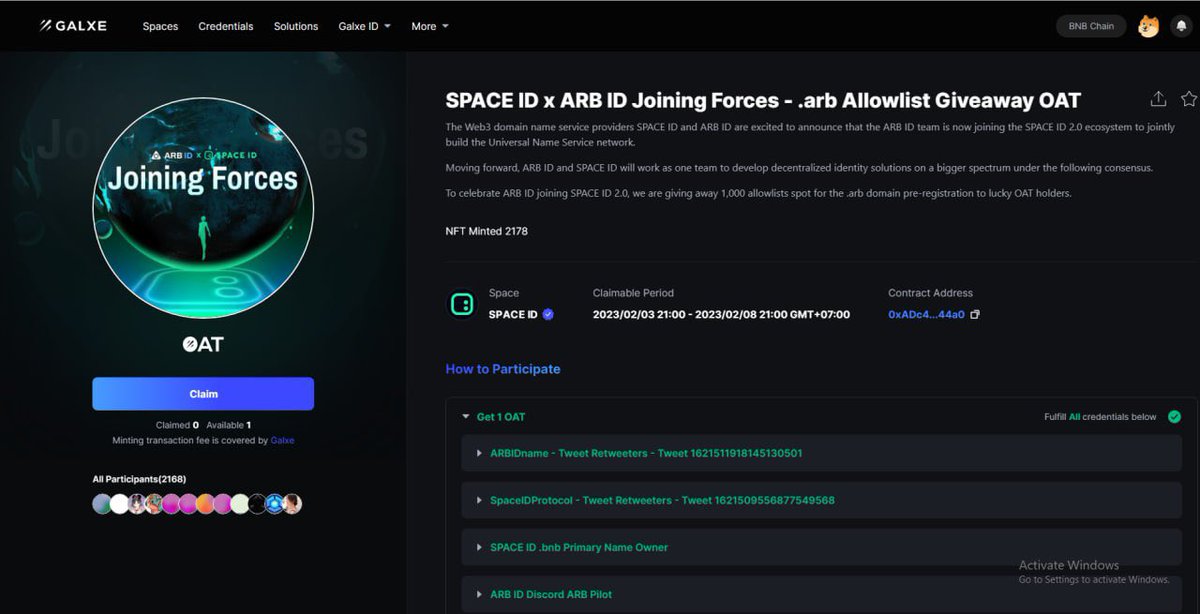 🎁 Claim OAT SPACE ID x ARB ID Joining Forces

Thời gian kết thúc: 21:00 ngày 8/2

Hoàn thành các task tại: galxe.com/spaceid/campai…

1000 OAT Holder may mắn sẽ được đăng kí tên miền .arb sớm, cuộc chiến Domain chính thức bắt đầu.