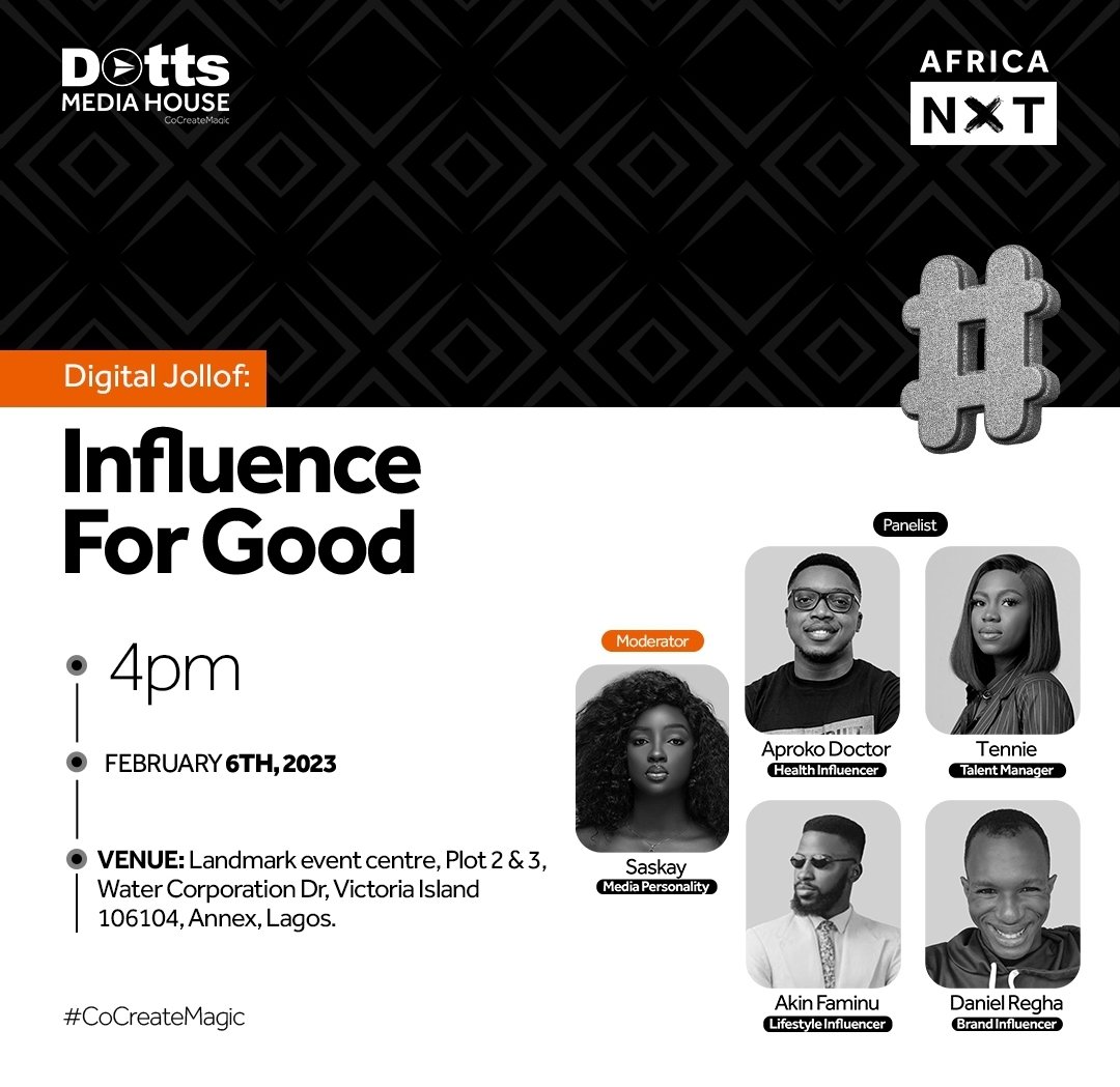 DanielRegha's tweet image. I'm beyond thrilled to be one of the panelists at the forthcoming 2023 Social Media Week, "Digital Jollof: Influence For Good". Being acknowledged feels amazing. Join us!!!

Cc: @DottsMediaHouse

#AfricaNXT2022 #DigitalJollof #InfluenceForGood #DottsMediaHouse #CoCreateMagic #DMH