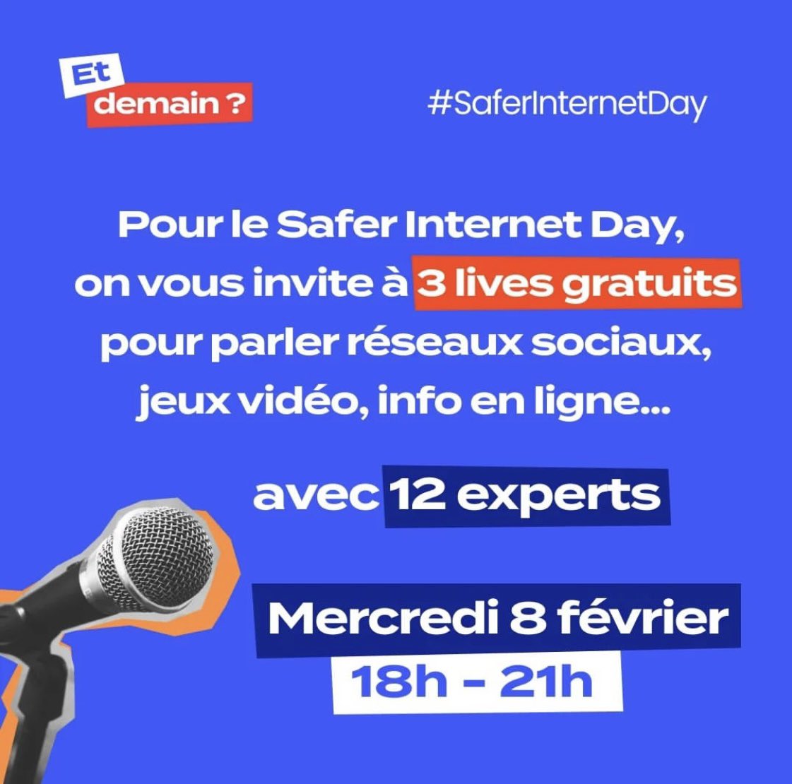 BetterInternetF's tweet photo. 📣 Pas encore inscrits ? 
Il est encore temps ! 😊
👉 Rendez-vous le 8 février dès 18h pour 3 #webinaires #gratuits 🎉
👉 12 experts pour comprendre ce que vivent nos #enfants en ligne, anticiper les #risques  et adopter les bons #réflexes 
 👉 https://t.co/waQssl5DHa https://t.co/fTF5eCzs7q