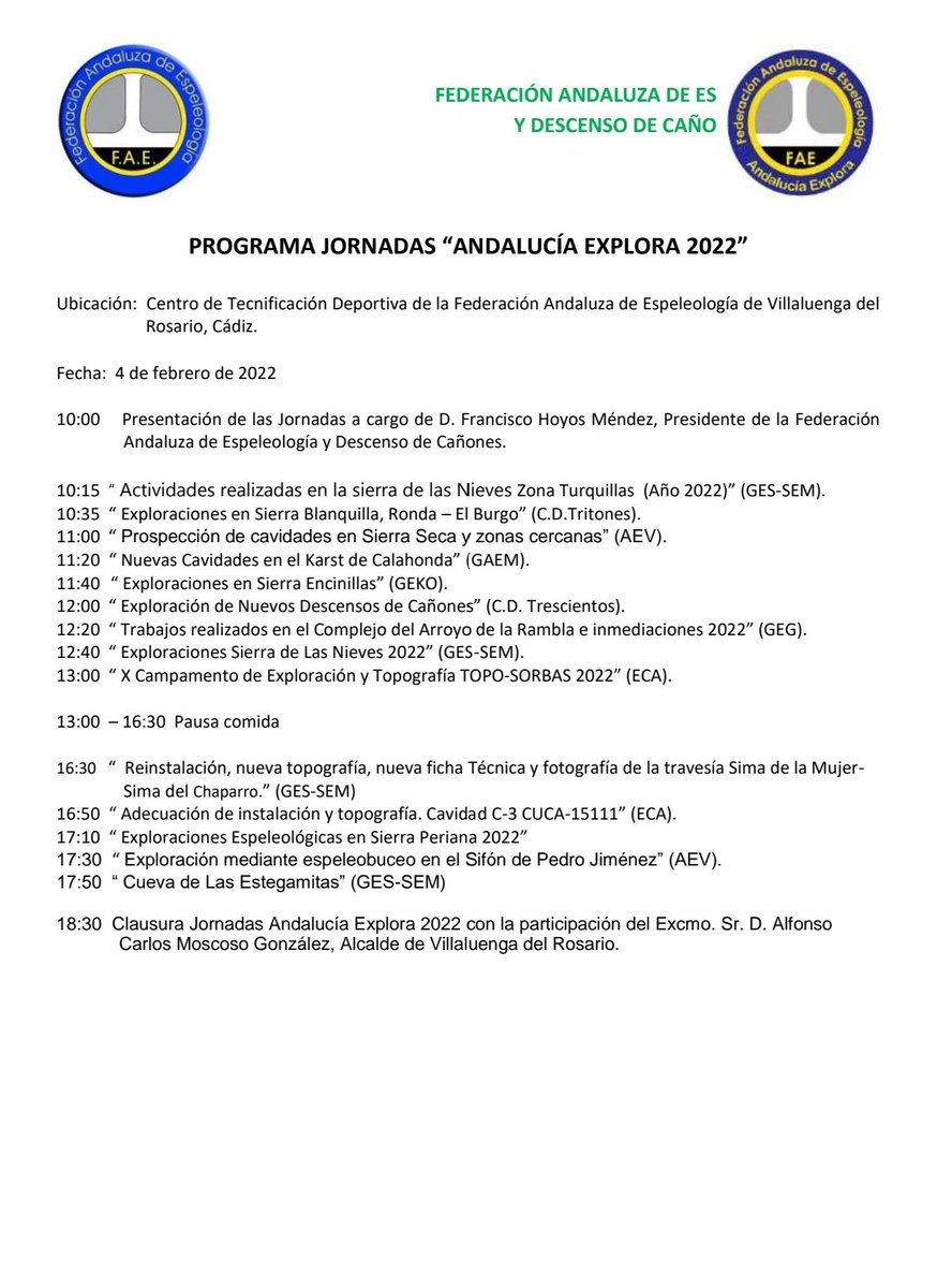 Centro d Tecnificación Deportiva d <a href="/Villaluenga_/">Villaluenga</a> acoge la Jornada "Andalucía Explora 2022".

La Escuela Andaluza d Espeleología con sede en Villaluenga celebra, hoy sábado, Jornada: "Andalucía Explora 2022", donde los clubes presentan sus trabajos d exploración durante el año.