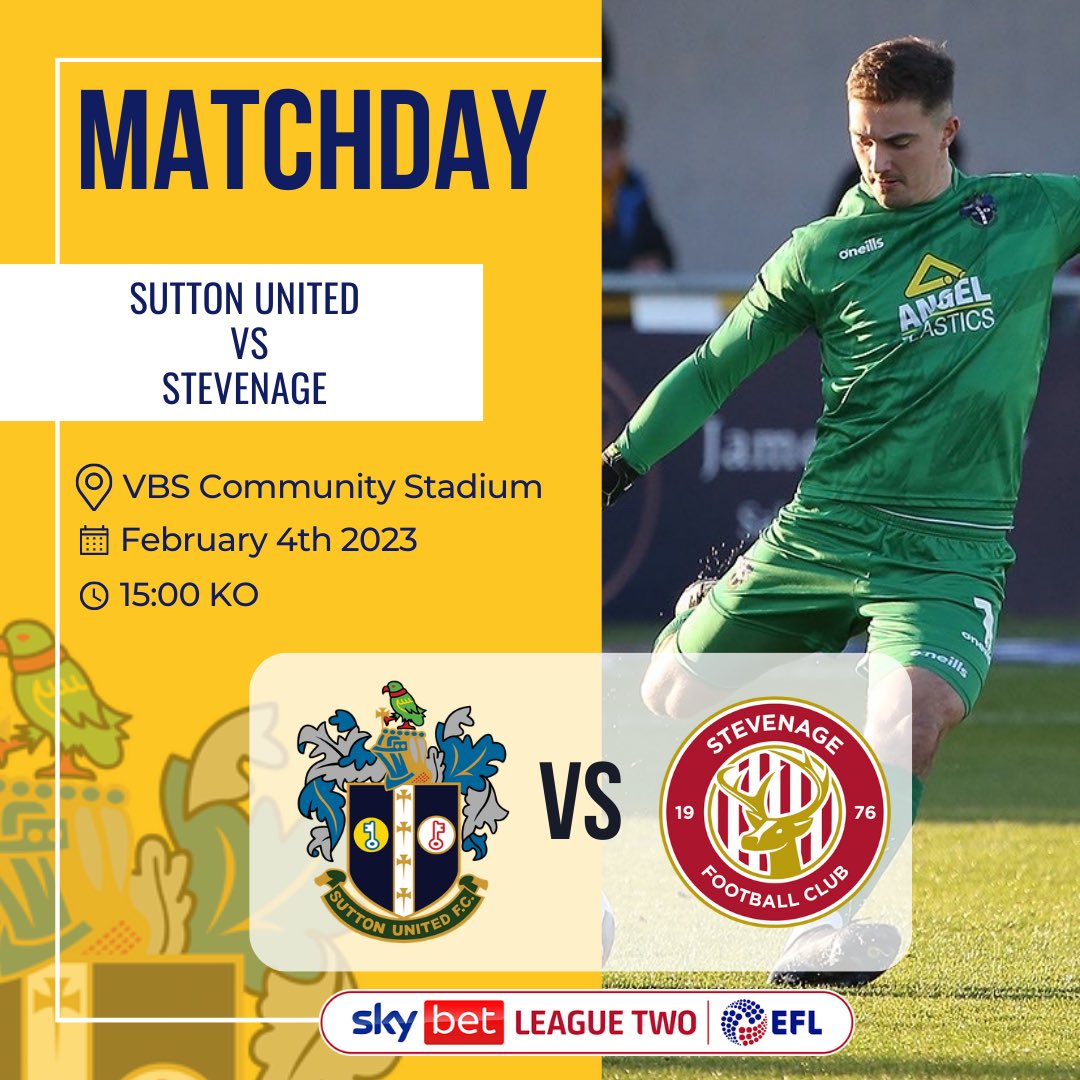 Matchday | A welcome return to the VBS today for our first home match since New Years Day. 

Tough opposition today so we’ll need our 12th man 🫵 

Fanzone open from 12, can’t wait to see you there 💛

suttonunited.net/news/2023/febr…

#suttonunited #ForeverAmber