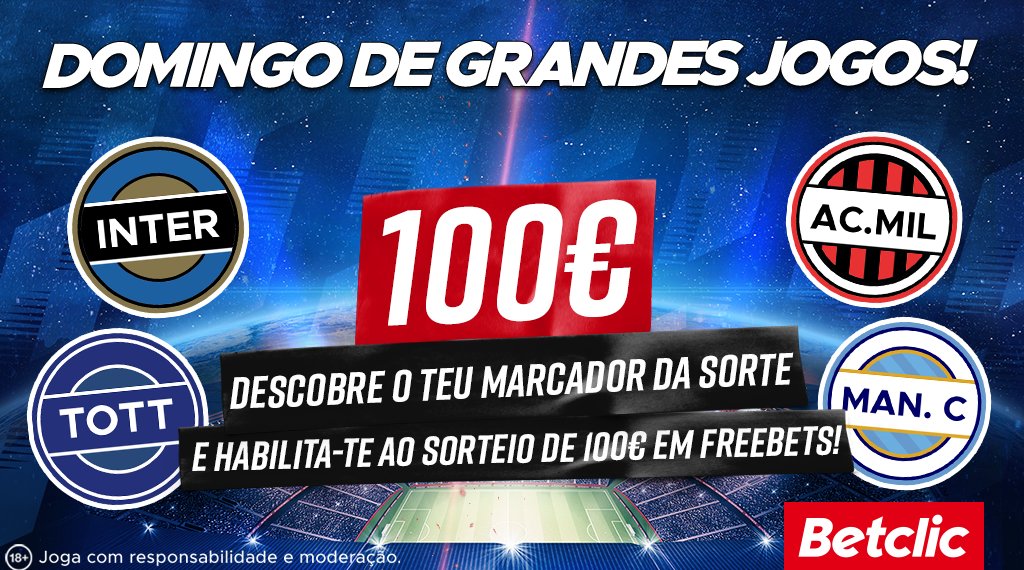 Estás preparado para este domingo de JOGAÇOS? Se o teu jogador marcar, habilitas-te ao sorteio de 10€ em Freebets para 10 pessoas!

- Dá RT + Like
- Comenta com #JOGAÇOSBETCLIC + Username Betclic

Termina domingo às 16h30.
Pago dia 6 de fevereiro.