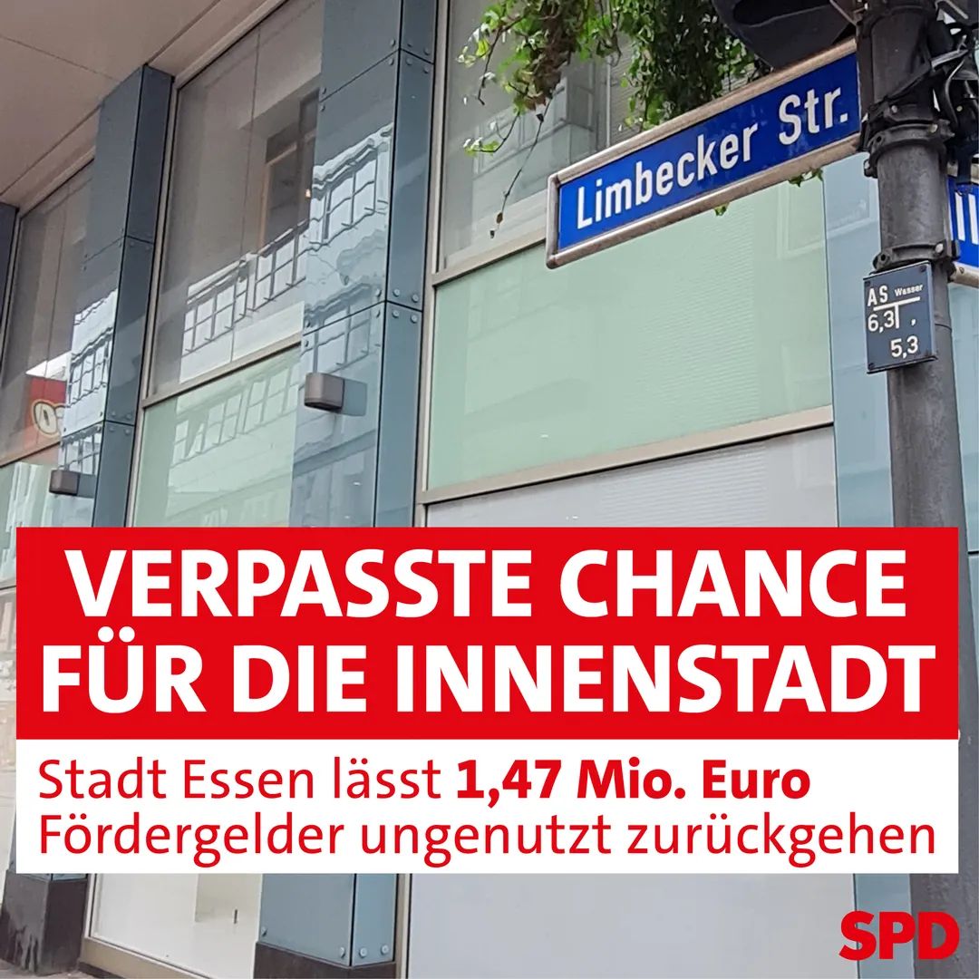 SPD_Essen's tweet photo. Über 4 Mio € bekam Essen aus dem "Sofortprogramm Innenstadt" des Landes - und ließ davon 1,47 Mio zurückgehen.👎 Jeder verlorene Euro für unsere City und Mittelzentren ist einer zu viel!
Für eine attraktive Innenstadt braucht Essen mehr Mut und weniger Angst vorm Scheitern💪 https://t.co/oxYsib5h14
