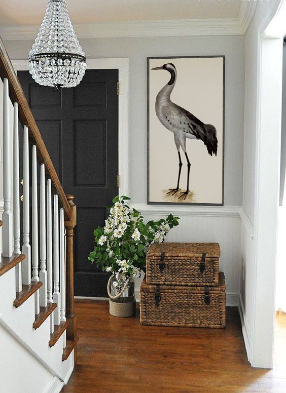 Heron Print, Large Bird Wall Art Decor, Antique Bird Illustration, Bird Picture, Grey etsy.me/3JFYrVn #unframed #bedroom #animal #vertical #birdprint #birdwallart #birddecor #largewallart #largescaleprint