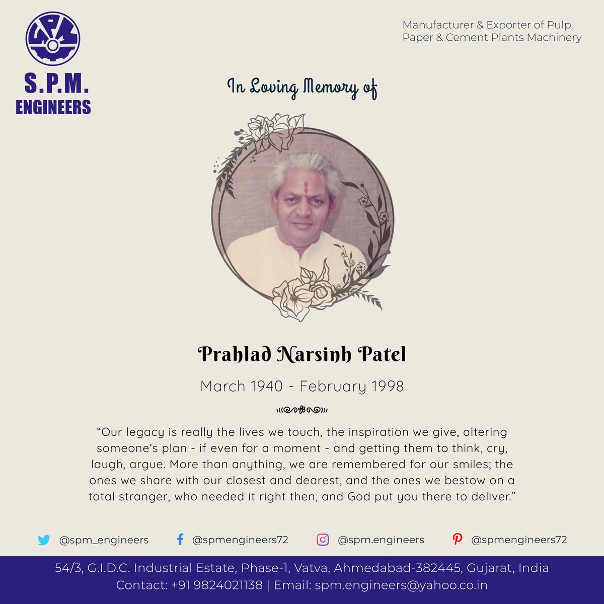 spm_engineers's tweet photo. Nothing can fill the void he left but he will always live in SPM’s Foundation and our memory
.
.
.
#spm #engineers #digestor #mg #instagram #paper #cement #machine #popereel #dryers #slatconveyor #trending #sustainabledevelopment #turnkeyproject #prahladnarsinhpatel https://t.co/IKZVkgwTLq