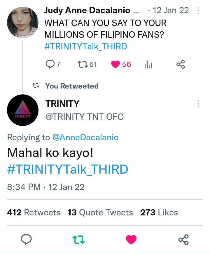 AnneDacalanio's tweet photo. got three replies 😻

#THIRDTalktalk 
#TRINITYTalk_JACKIE
#TRINITYTalk_THIRD
#PORSCHETalktalk
#JACKIETalktalk https://t.co/MQBtLx1wUm