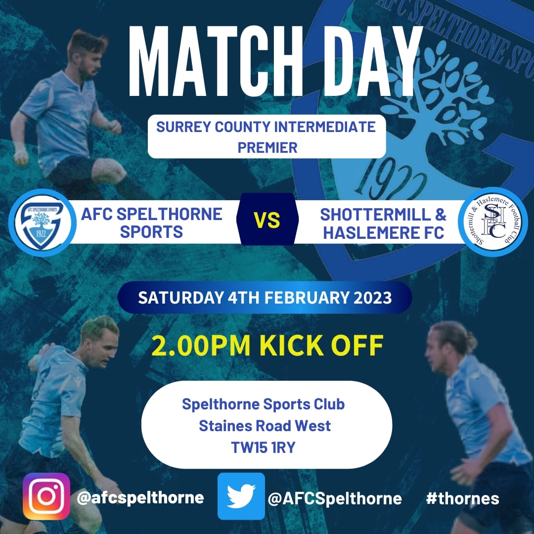 AFCSpelthorne's tweet photo. 🚨 MATCH DAY 🚨

🆚 @mere_fc
📆 Saturday 4th February 2023
⌚ 2pm kick off
🏟️ Spelthorne Sports Club TW15 1RY
🏆 @SurreyWestern

After disappointment in the Cup last week we are back in league action today looking at making headway on the teams above (there's a few!). 

#thornes https://t.co/THKtBM799x