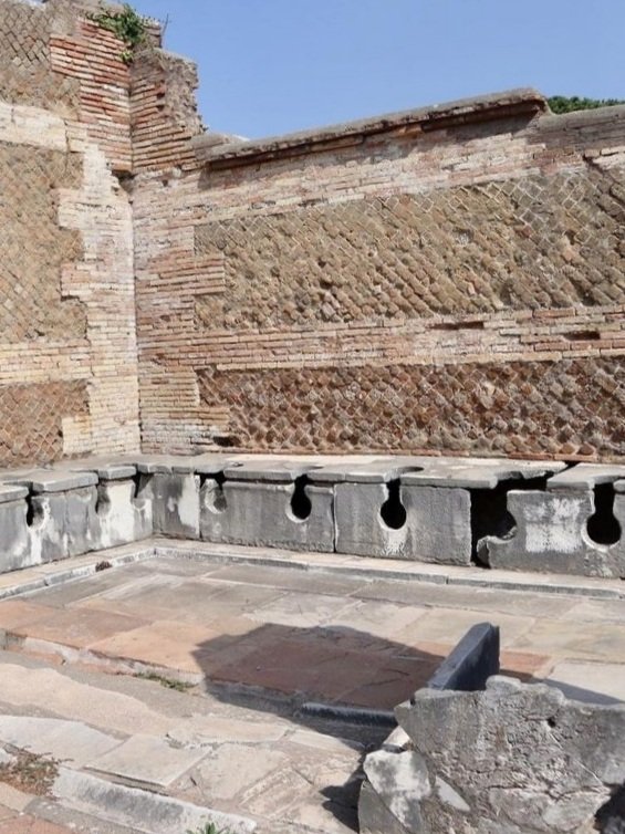 #RomanSiteSaturday: the public latrines in #Ostia are among the best-preserved #Roman latrines. The benches are made of marble, they run along three walls - no stalls, there was no privacy in toilets in Roman times. 

#RomanArchaeology