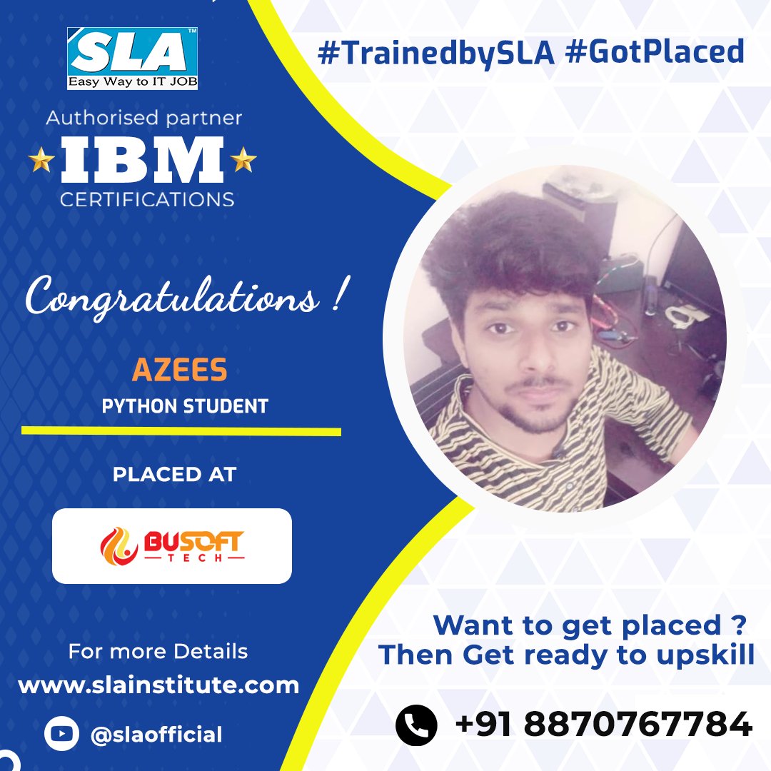 Slainstitute's tweet image. Congratulations to Azees, one of our #Pythonstudents. He has been #hired by BUSOFT #Tech! #Enroll in our #PythonCourse #immediately to take #advantage of this wonderful #opportunity.
Call / #Whatsapp :+91-8870767784 / wa.link/10hnfd