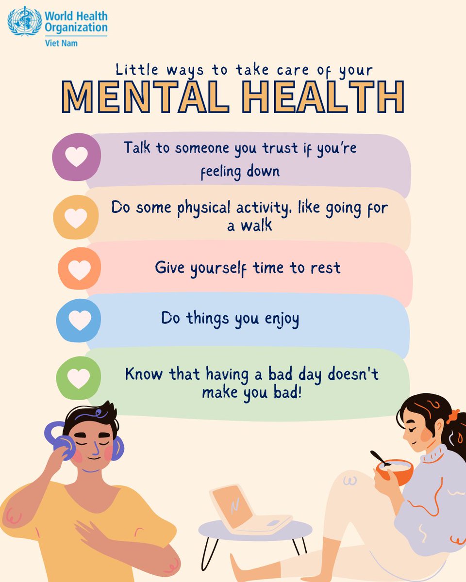 Here are some ways to take care of your #MentalHealth: 💜Talk to someone you trust. 💛Do some physical activity, like going for a walk. 🧡Do things you enjoy. 💙Give yourself time to rest. 💚Know that having a bad day does not make you a bad person! #MentalHealthMatters