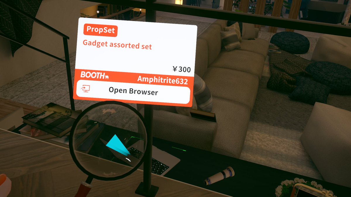 ZIN1978's tweet image. world：BOOTH House

入口にある虫眼鏡でモデルルーム内の小物のポインタをあてると商品名と金額がでる。

ネット記事でみて来てみたかった所。

＃VRChat