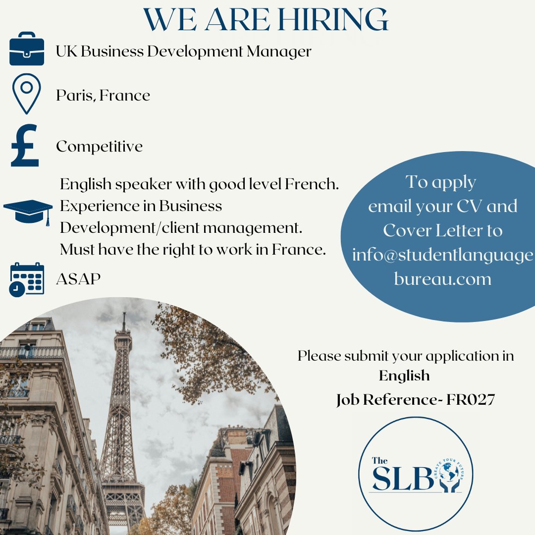 SLB_UK's tweet photo. ✨Job opportunity in #France✨
💼 UK Business Development Manager 
📍Paris, France  🇫🇷 
💷 Competitive 
🗓ASAP 
🔗https://t.co/tLi6hct9Sh
 
If you are interested in this role, email your CV &amp; Cover letter with the reference 'FR027' to info@studentlanguagebureau.com 
#hiring https://t.co/qeqtC3jQPx