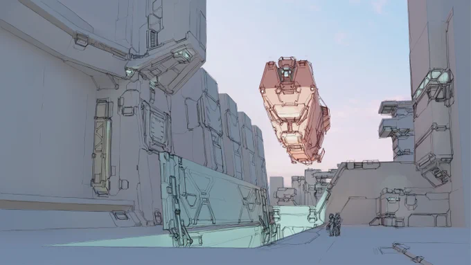 Systematizing a concept workflow where you put the whitebox level in a physical lighting environment and sketch over the render in a new layer. Makes it easier to change looks while giving environment modelers what they need earlier. Also helps thinking about big shapes w/ decals 
