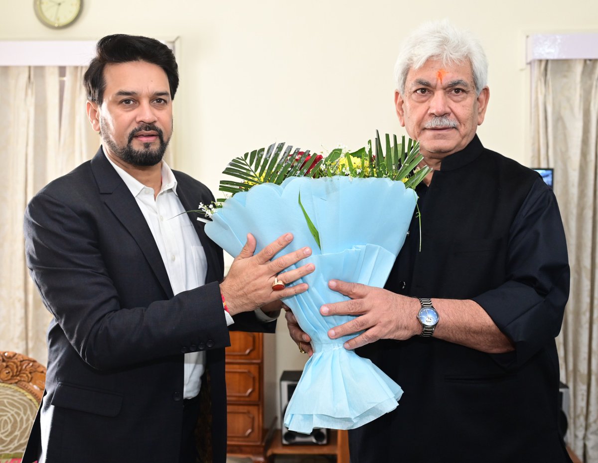 Office of LG J&K (@officeoflgjandk) on Twitter photo Today welcomed Hon’ble Union Minister for Information and Broadcasting, Youth Affairs and Sports Shri Anurag Singh Thakur Ji <a href="/ianuragthakur/">Anurag Thakur</a> at the Raj Bhawan. Today welcomed Hon’ble Union Minister for Information and Broadcasting, Youth Affairs and Sports Shri Anurag Singh Thakur Ji <a href="/ianuragthakur/">Anurag Thakur</a> at the Raj Bhawan.