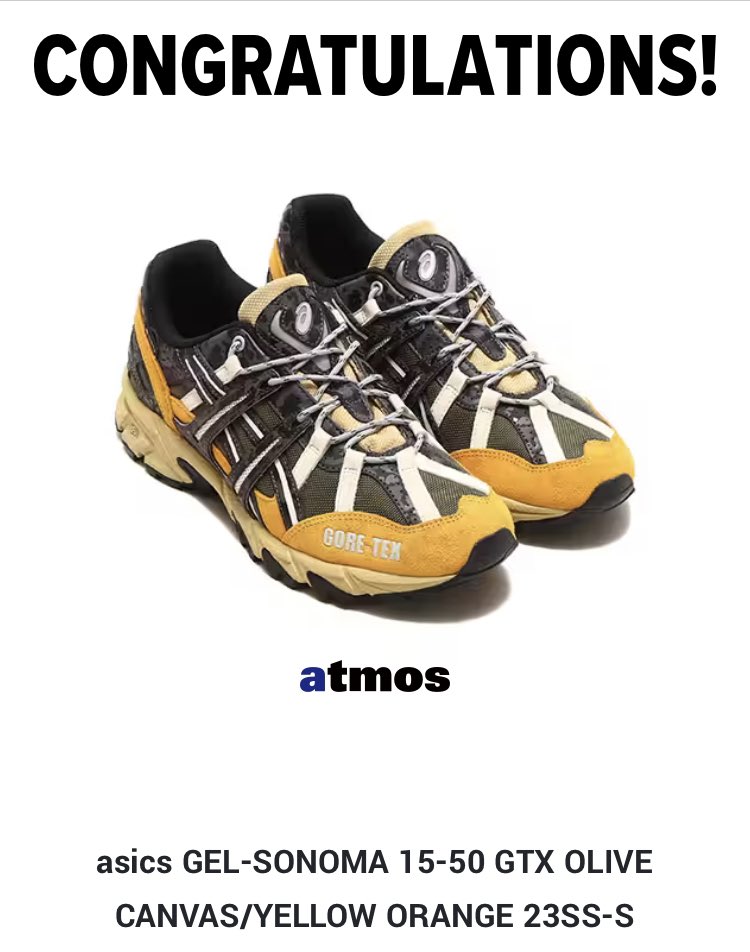 mastatattun's tweet photo. いぇーい！抽選当たってた。
本家のサイトも即完売みたいね！
#gripswany #assics #atmos https://t.co/K5lEcbFJmu